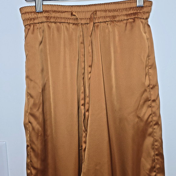 Zara Rust Orange Wide Leg Pants XS Satin High Rise Elastic Waist Pockets - Picture 3 of 6